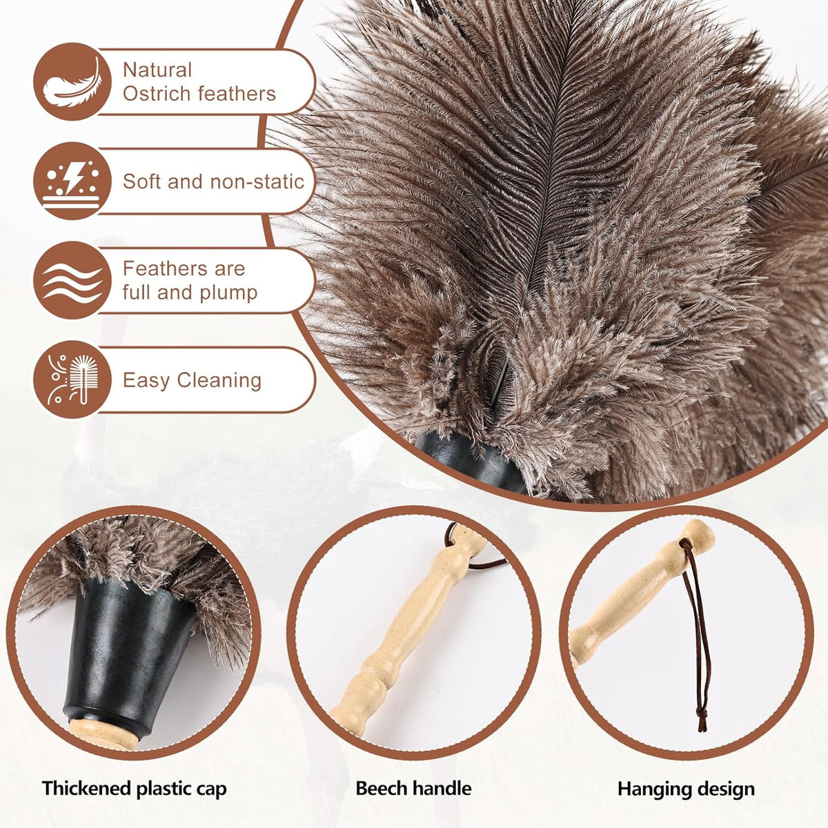 Ostrich Feather Duster 14" Natural Handheld Reusable Feathers Dusters with Wooden Handle for