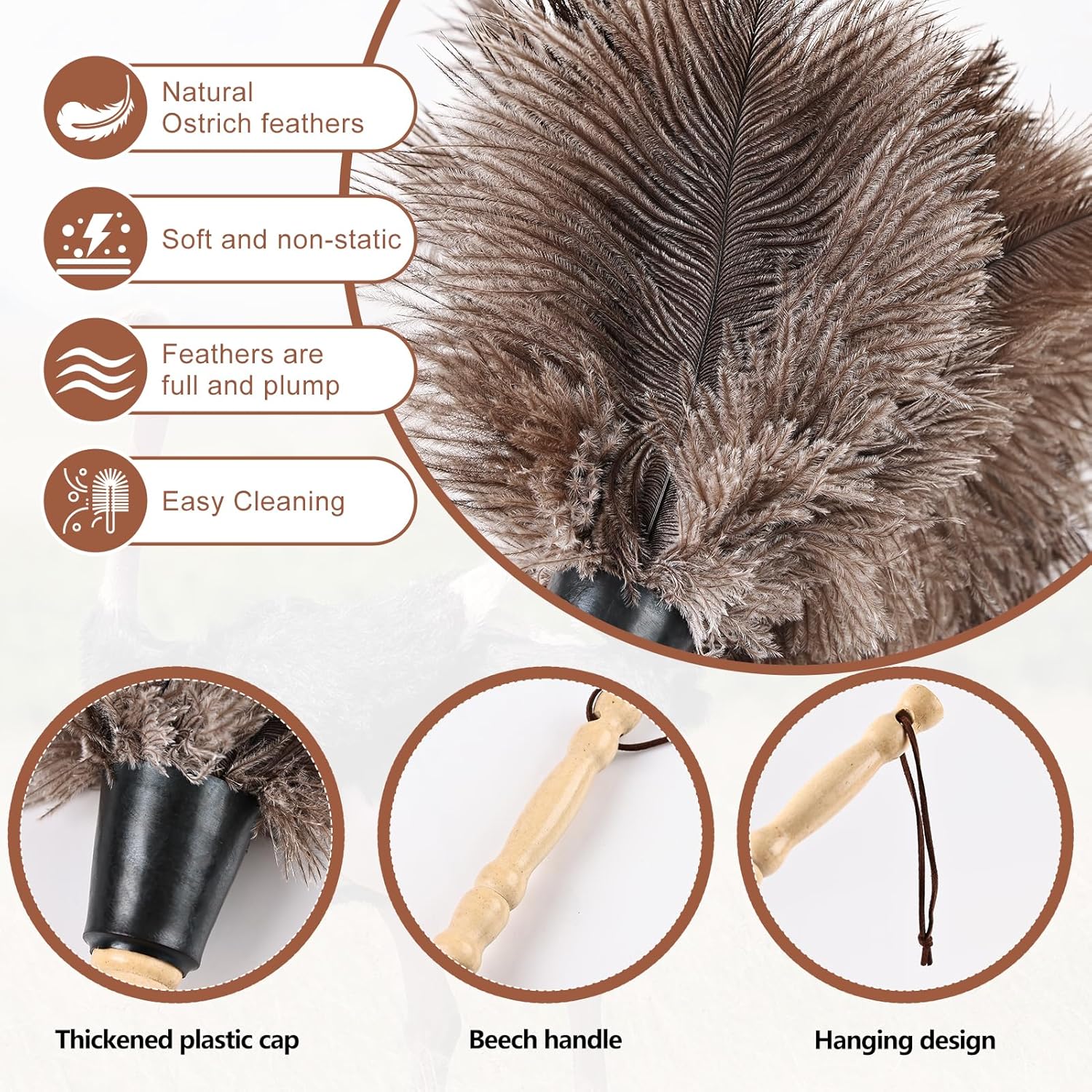 Ostrich Feather Duster 14" Natural Handheld Reusable Feathers Dusters with Wooden Handle for