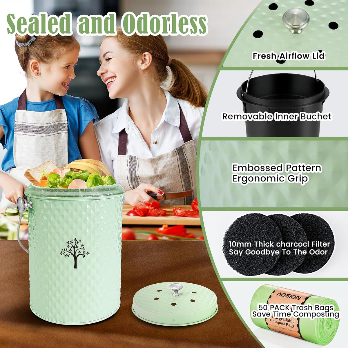 AOSION Countertop Compost Bin Kitchen，Odorless Indoor Compost Bin with Lid and Compost Bags,Compost