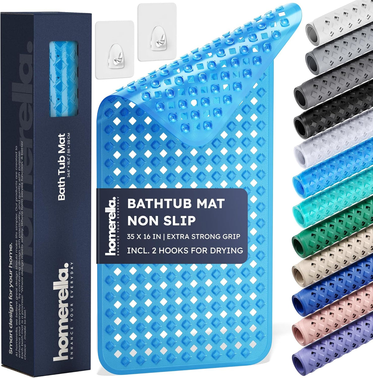 homerella® Bathtub Mat Non Slip 35x16, Incl. Hooks for Drying, Extra Long, 100% BPA Free, Shower