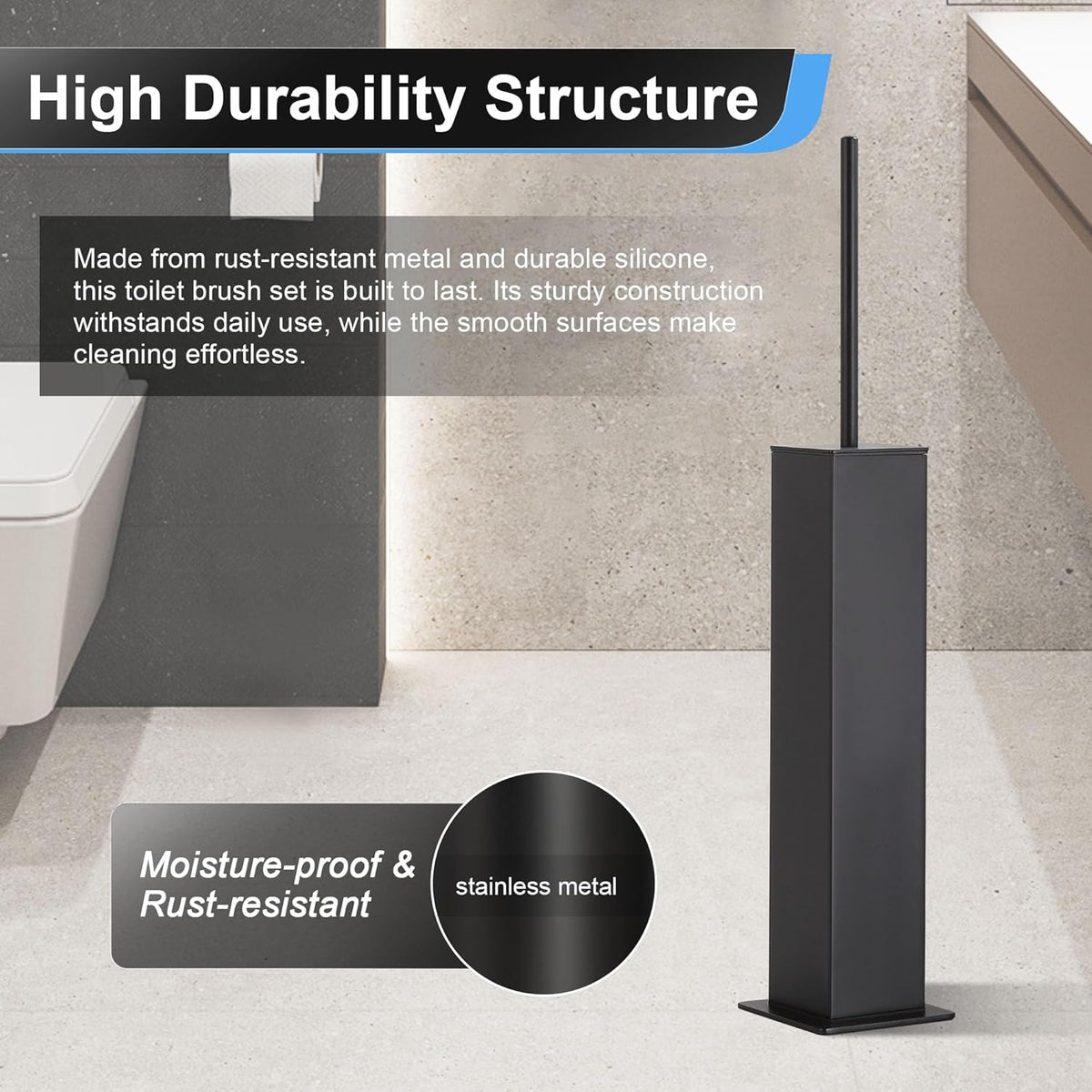 BVL Toilet Brush and Holder Set Black Stainless Steel 304 Square Freestanding Toilet Brush for