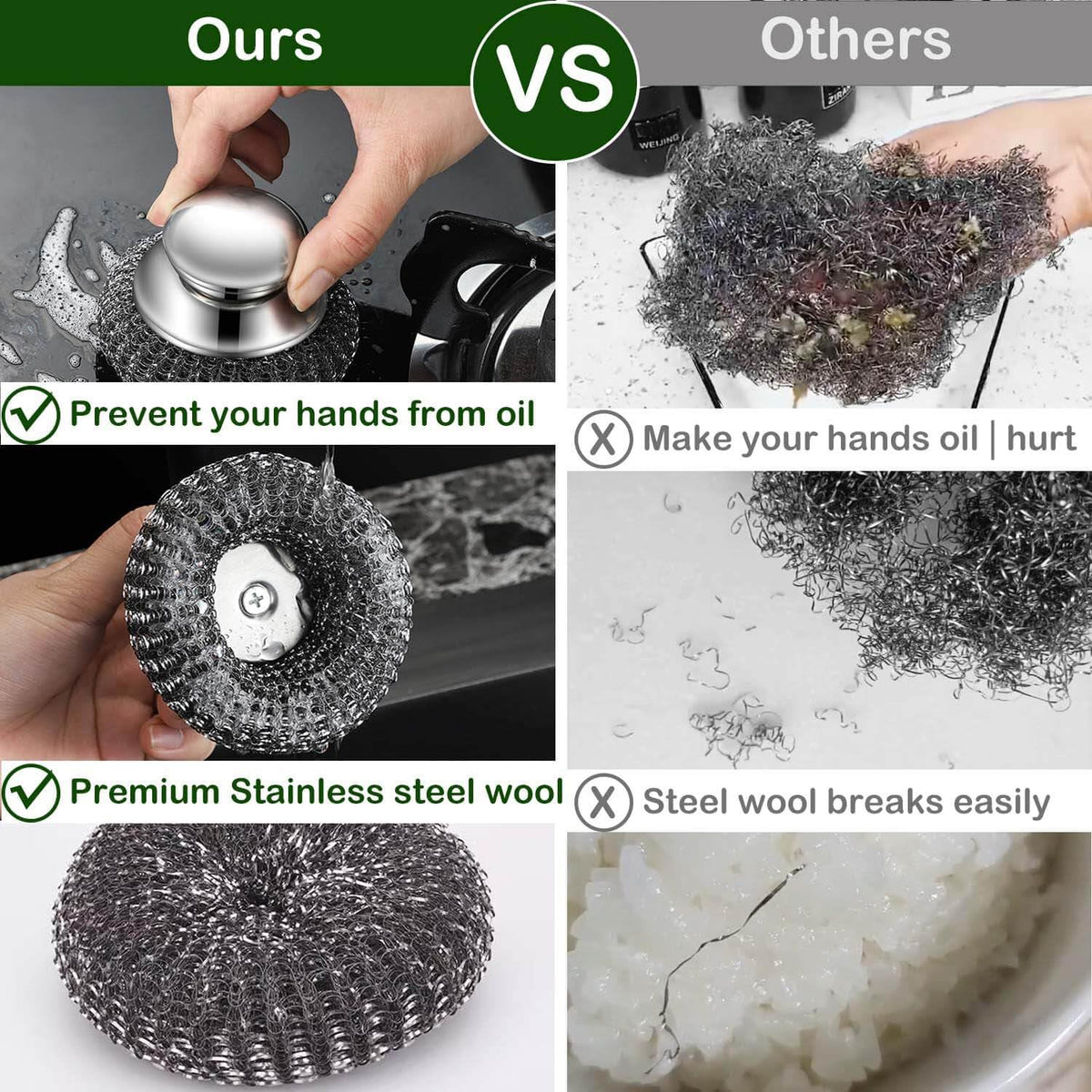 Steel Wool Scrubber with 2 Handles & 3 Replacement Wire Sponge(Scouring Pads) - Stainless Metal