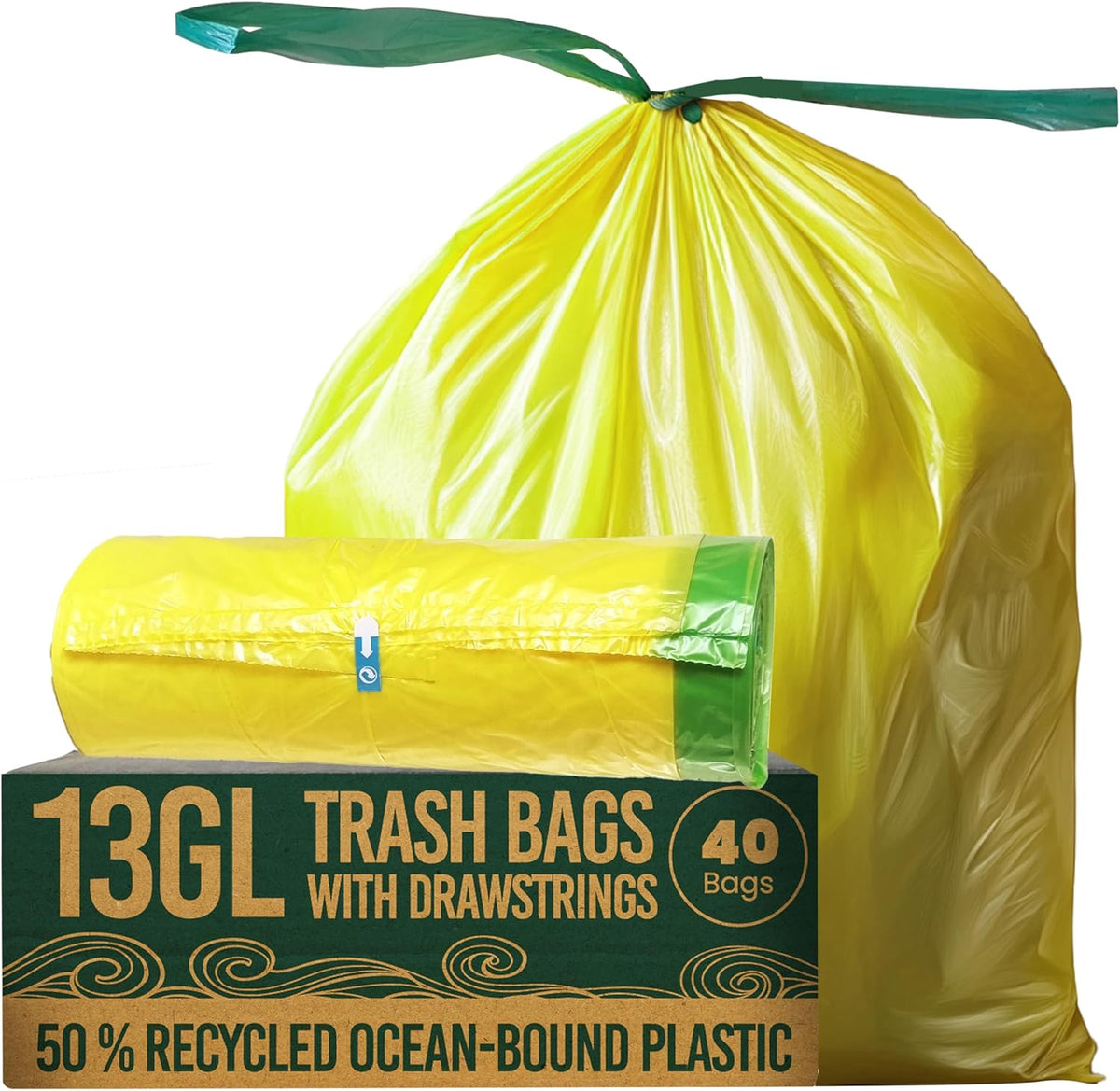 13 Gallon Trash Bags with Drawstrings, 40 Bags Made from 50% Recycled Plastic, Leakproof and