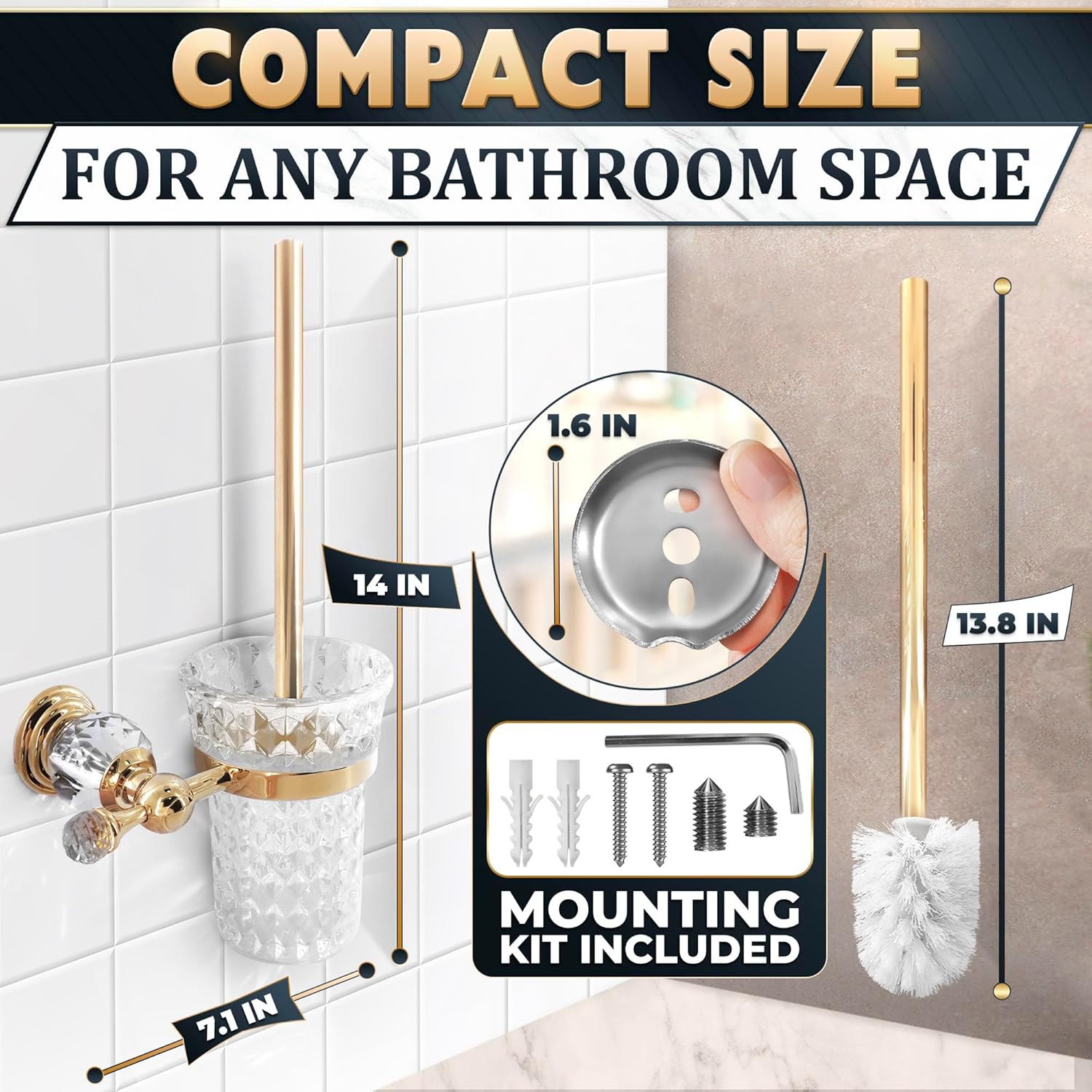 Gold Stainless Steel Toilet Brush with Crystal Toilet Brush Holder Set – Wall Mounted Holder