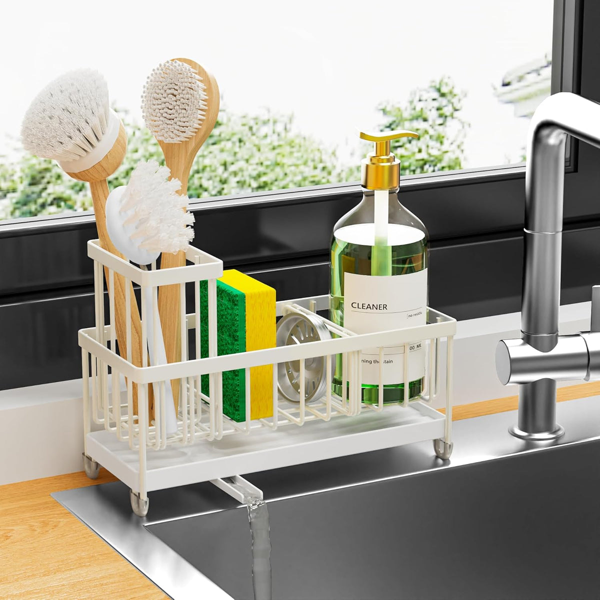 Cisily Cream Sponge Holder for Kitchen Sink, Sink Caddy Organizer with High Brush Holder, Kitchen