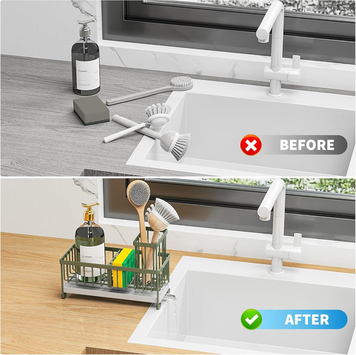 Cisily Sage Green Sponge Holder for Kitchen Sink, Sink Caddy Organizer with High Brush Holder