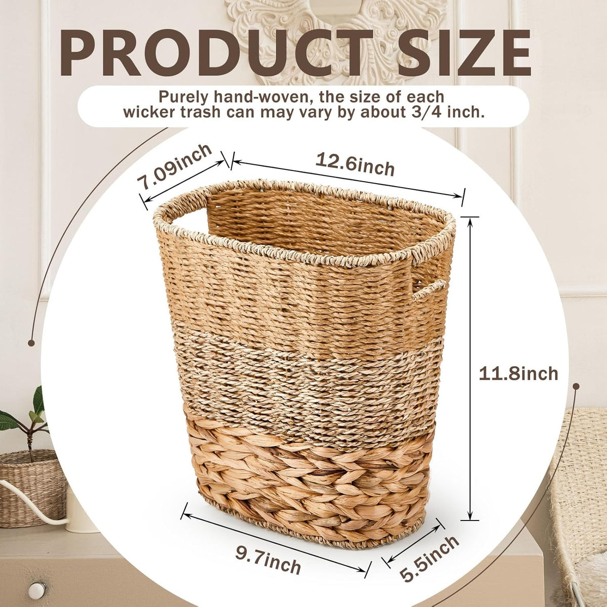 2 Pcs Wicker Trash Can with 50 Small Trash Bag Wicker Waste Woven Basket with Handles Clear Multi
