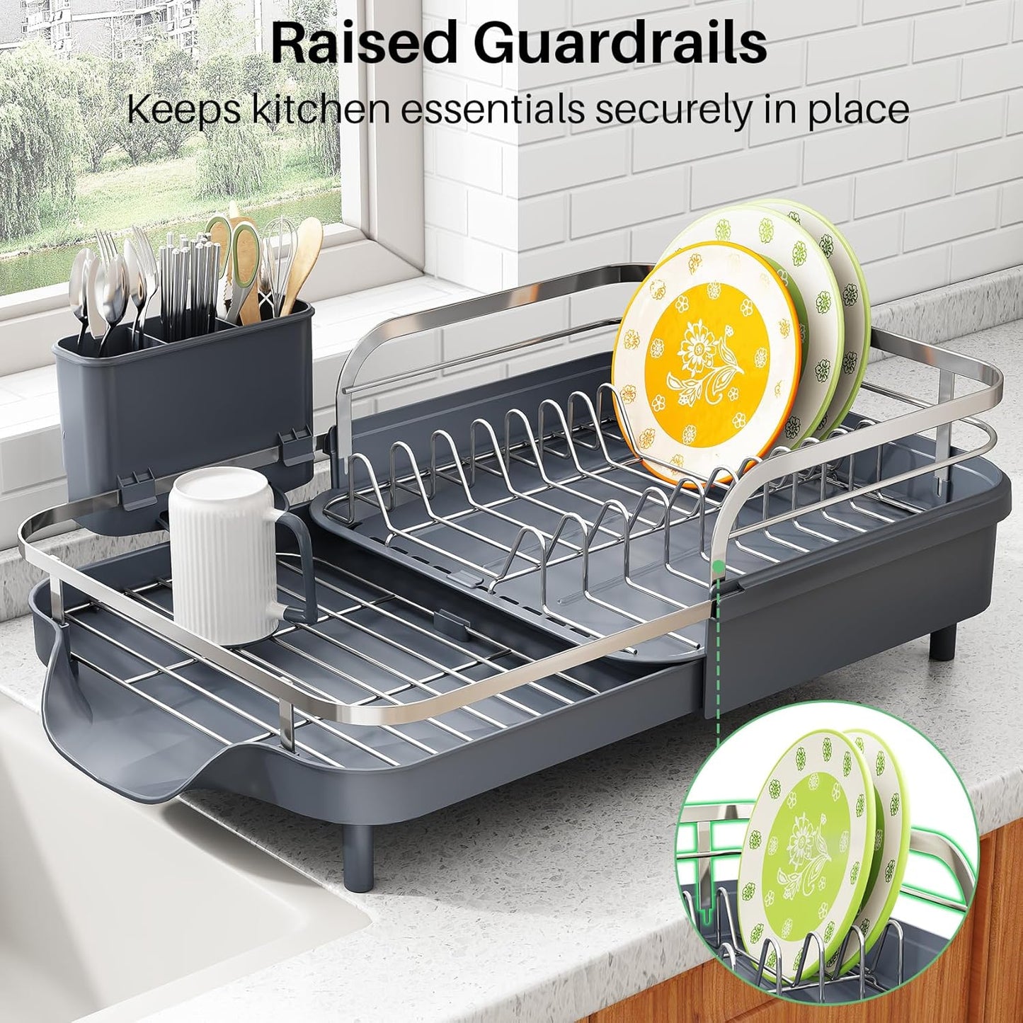 SAYZH Dish Drying Rack - Expandable Dish Rack for Kitchen Counter, Rust-Resistant Dish Drainer with