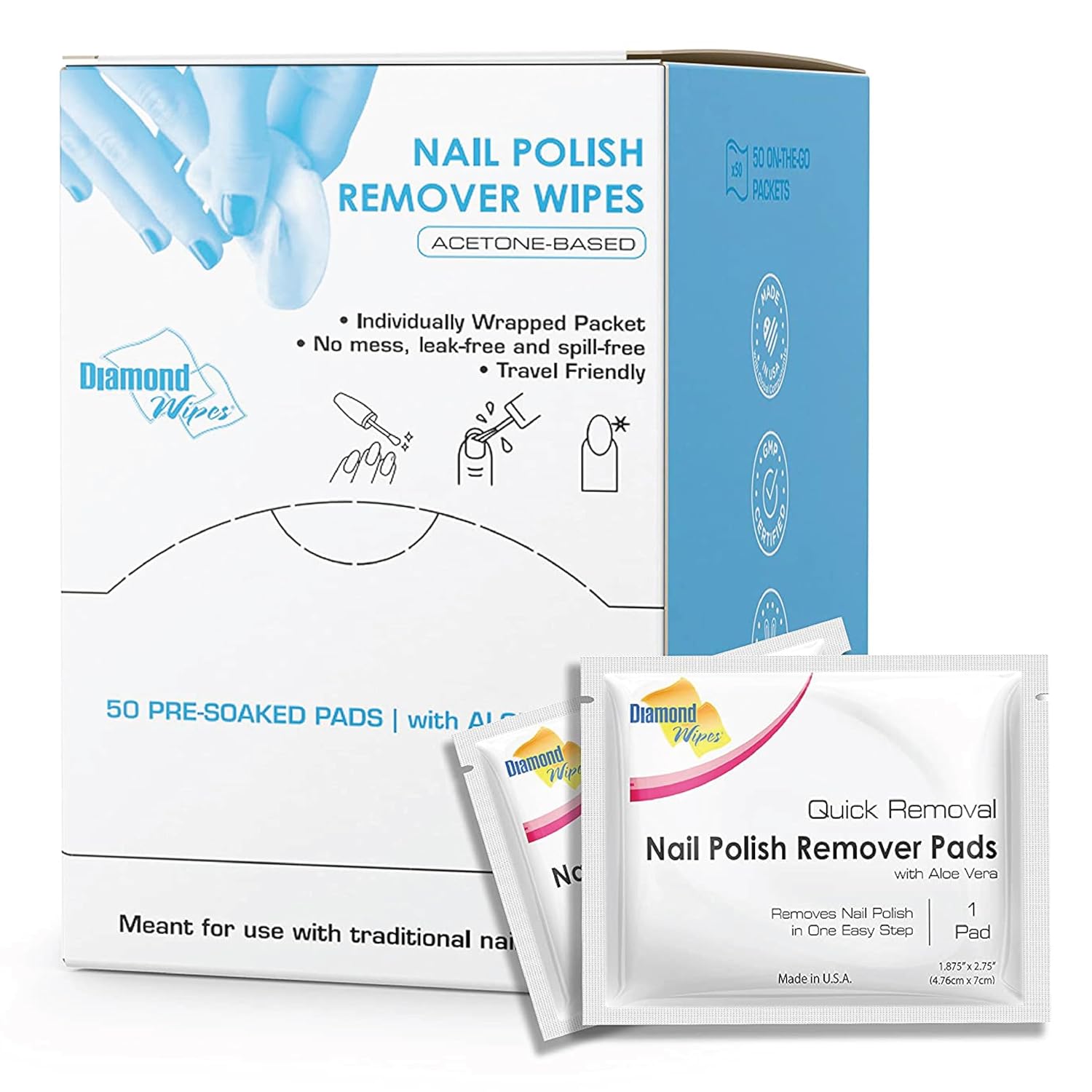 Diamond Wipes Nail Polish Remover Wipes with Aloe Vera, Acetone Nail Polish Remover Pads, 50
