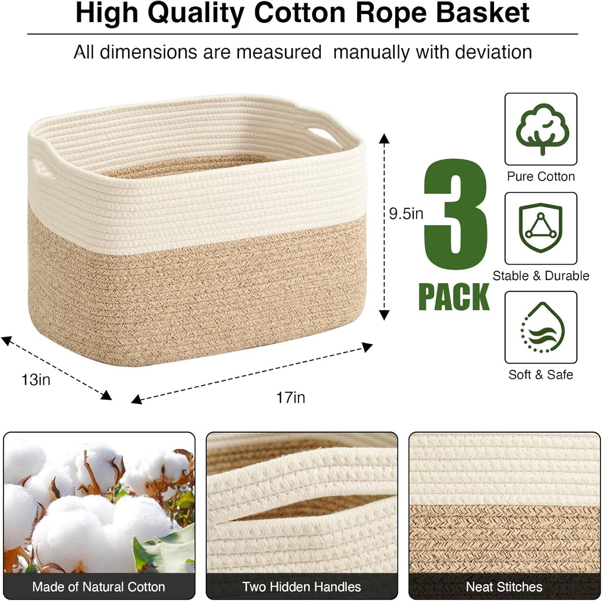Large Storage Baskets for Organizing Shelves, Woven Cotton Rope Bins for Baby Nursery Organization