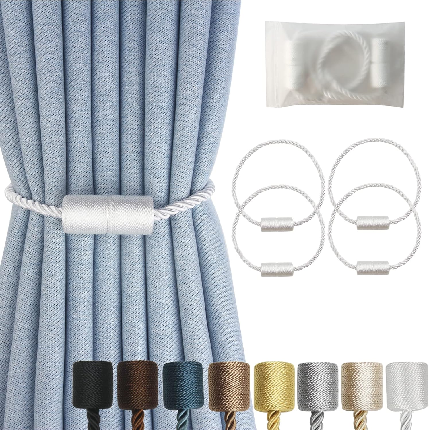 Magnetic Curtain Tiebacks 4 Pack White Curtain Rope Tieback Curtain Holders for Drapes Modern Tie