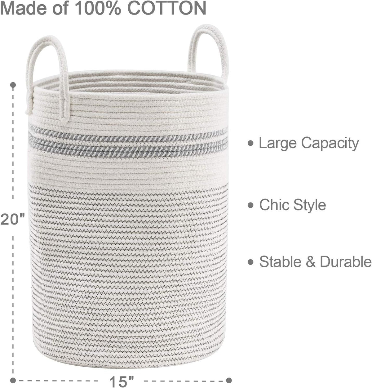 YOUDENOVA Woven Rope Laundry Hamper Basket, 58L Tall Luandry Basket, Baby Nursery Hamper for
