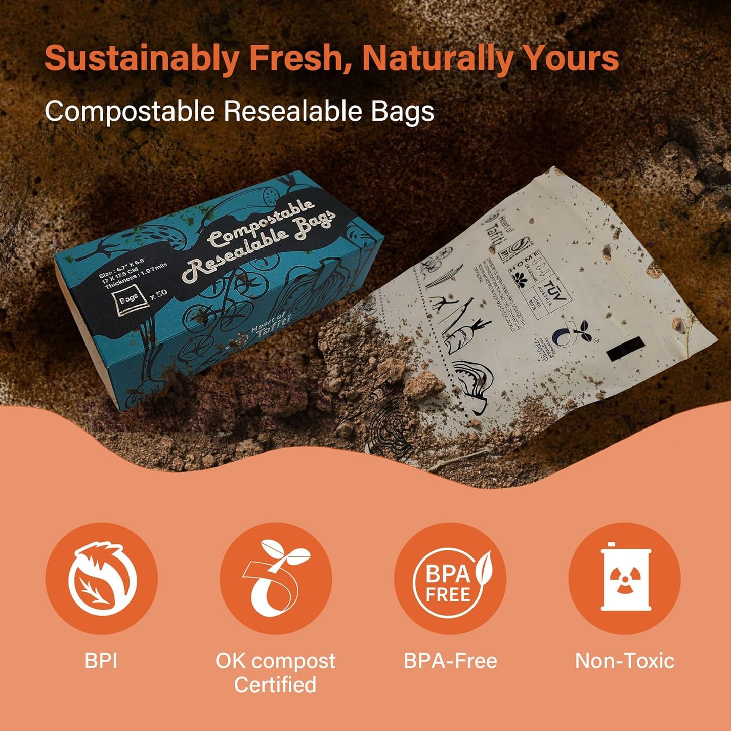 Compostable Food Storage Bags, Resealable Sandwich Bags, 100 Count, 6.7 x 6.8 inches, Extra Thick