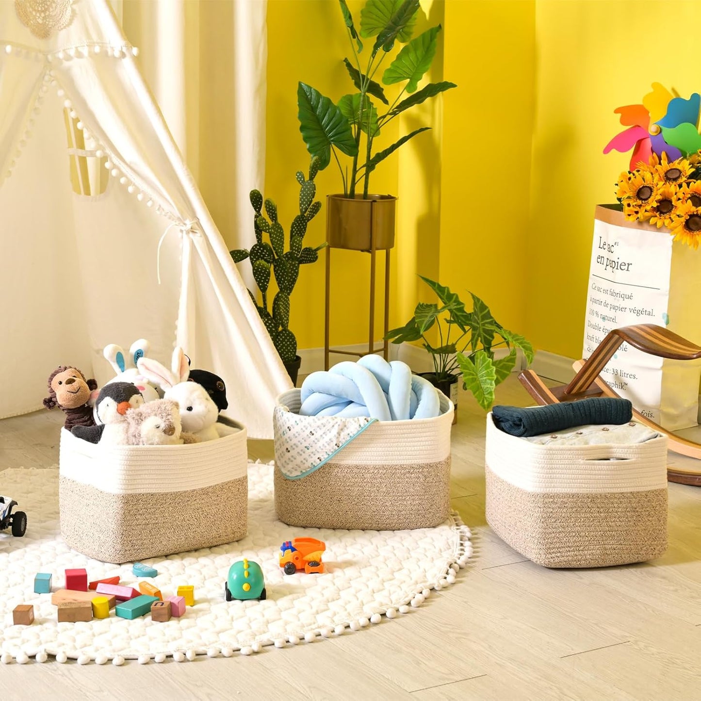 Storage Baskets for Organizing, Woven Cotton Rope Basket for Storage Books, Baby Organizing