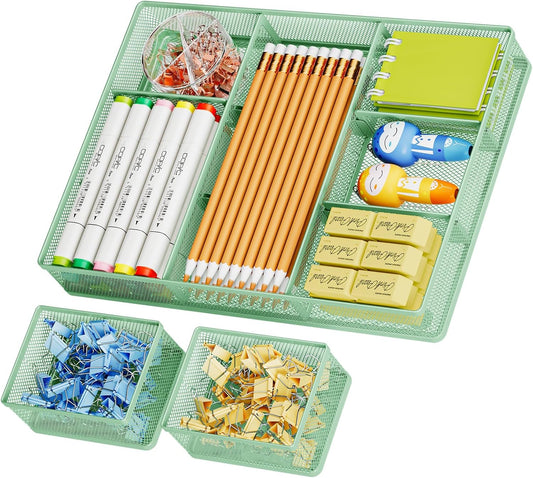 Marbrasse 3 Packs Desk Drawer Organizers, Metal Mesh Dividers with 9 Adjustable Compartments, Pen