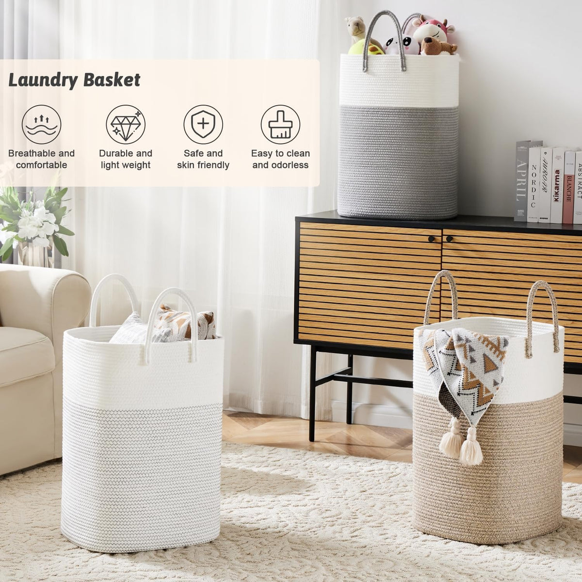 Laundry Basket,Woven Cotton Rope Laundry Hamper,Versatile Storage for Dirty Clothes,Baby Toys,and