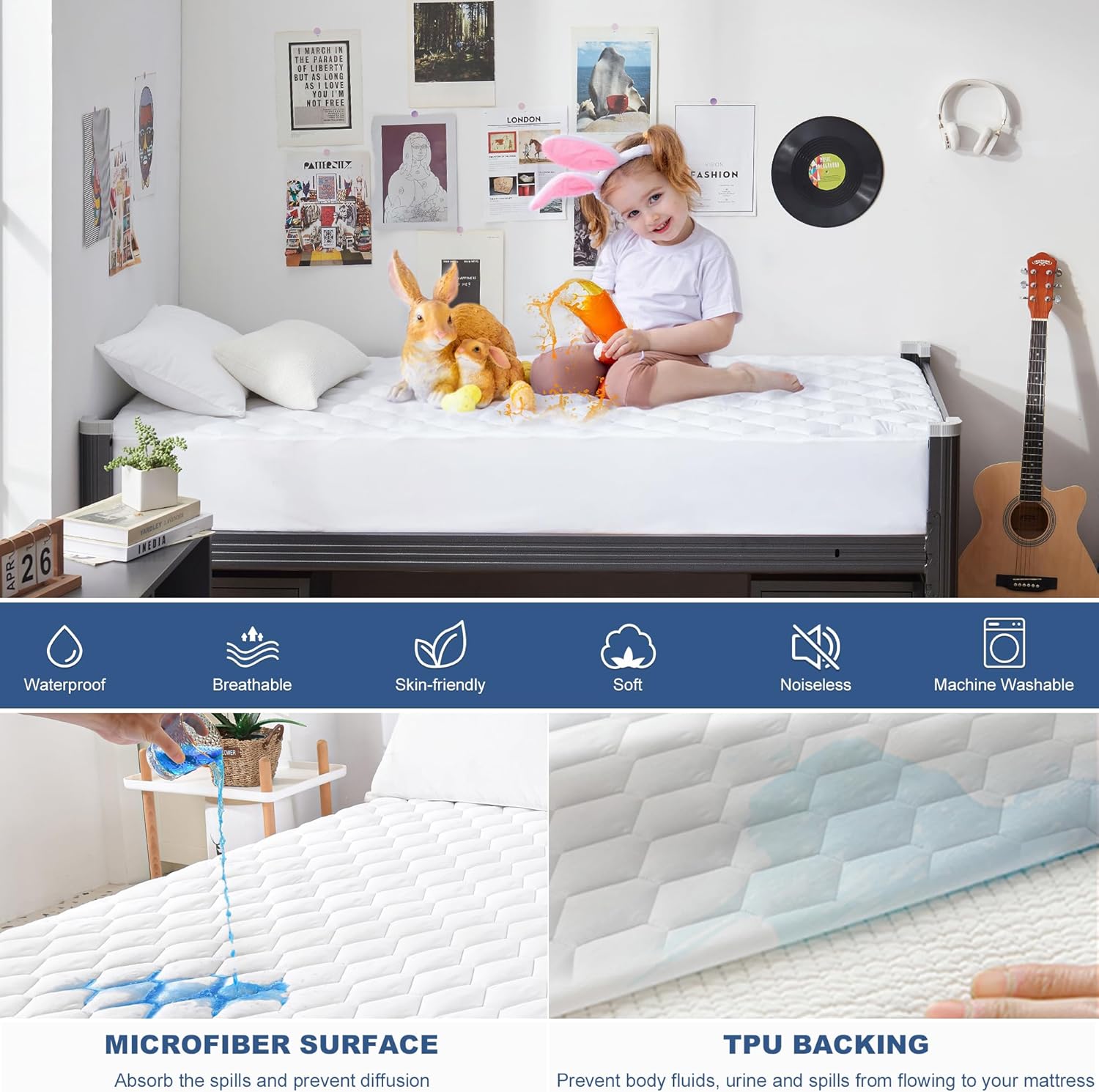 GRT Twin XL Mattress Protector Waterproof, 100% Waterproof Quilted Fitted Mattress Pad, Noiseless