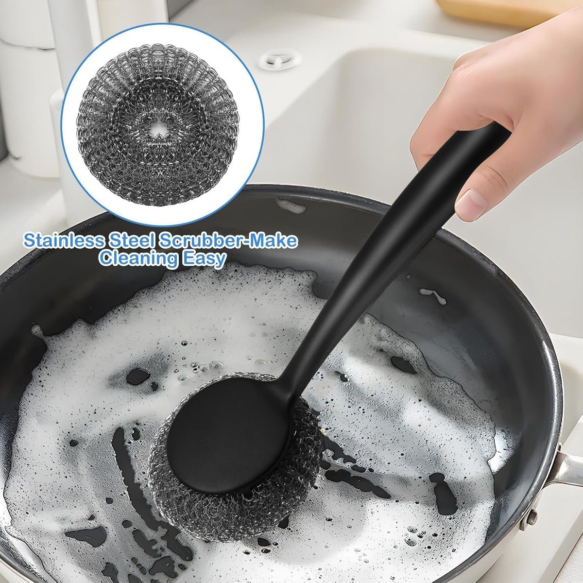 Scrubber with Handle Comes with Three Replacement Balls Steel Wool, Short Handle Scrubber, Steel