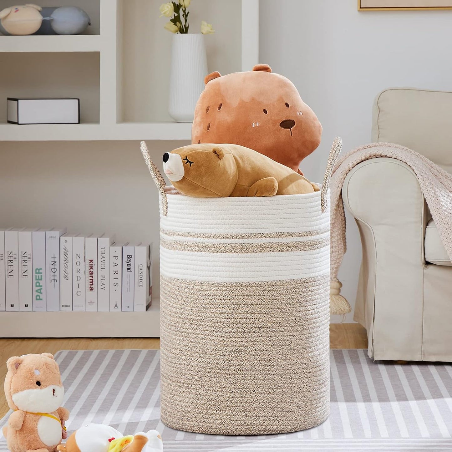 VIPOSCO Large Laundry Hamper, Tall Woven Rope Storage Basket for Blanket, Toys, Dirty Clothes in