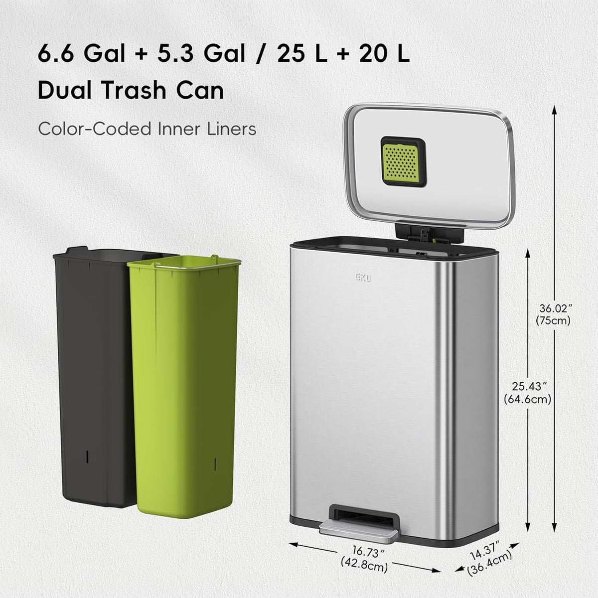 EKO Madison Brushed Stainless 25L+20L Dual Compartment Step Trash Can with Inner Liner, Recycling