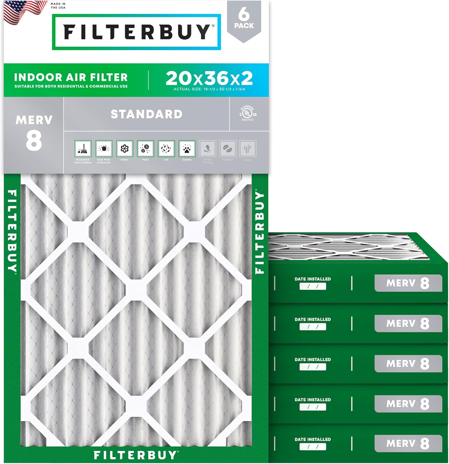 Filterbuy 20x36x2 Air Filter MERV 8 (MPR 700) Dust Defense Replacement (6-Pack), Electrostatic