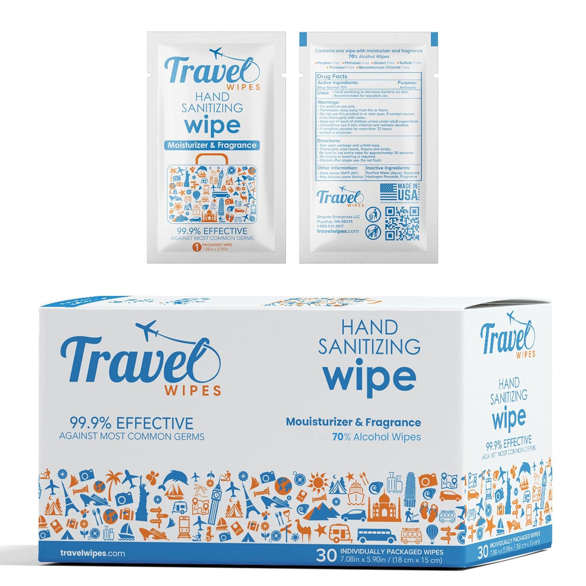 Hand Sanitizing Travel Wipes – 30ct Individually Wrapped | Fresh Citrus Scent, Moisturizing, 70%