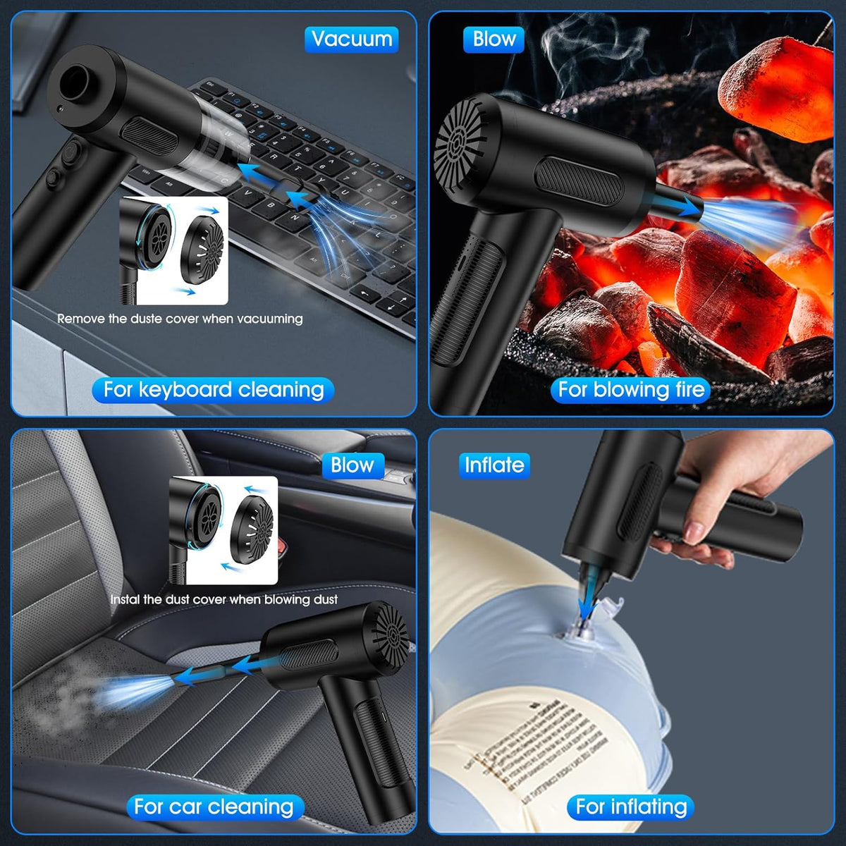 Compressed Air Duster, 100000RPM Handheld Car Vacuum/Air Blower& Pump, 3 Gear Adjustable Electric