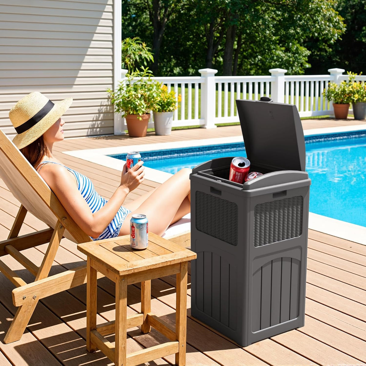 Greesum 33 Gallon Outdoor Trash Can with Lid, Waterproof Resin Garbage Bin for Hideaway, Deck