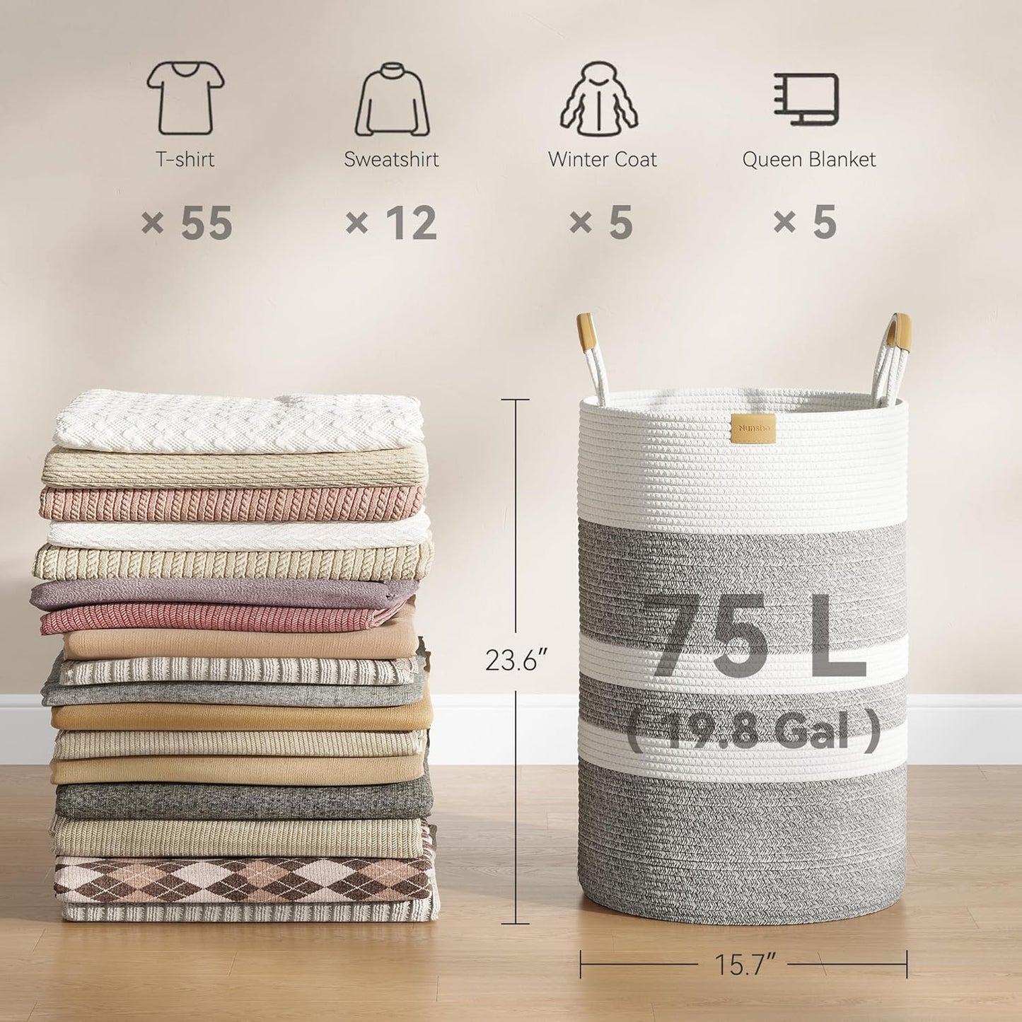 75L Striped Laundry Hamper with Leather Handles,Large Foldable Laundry Basket for Clothes,Cotton
