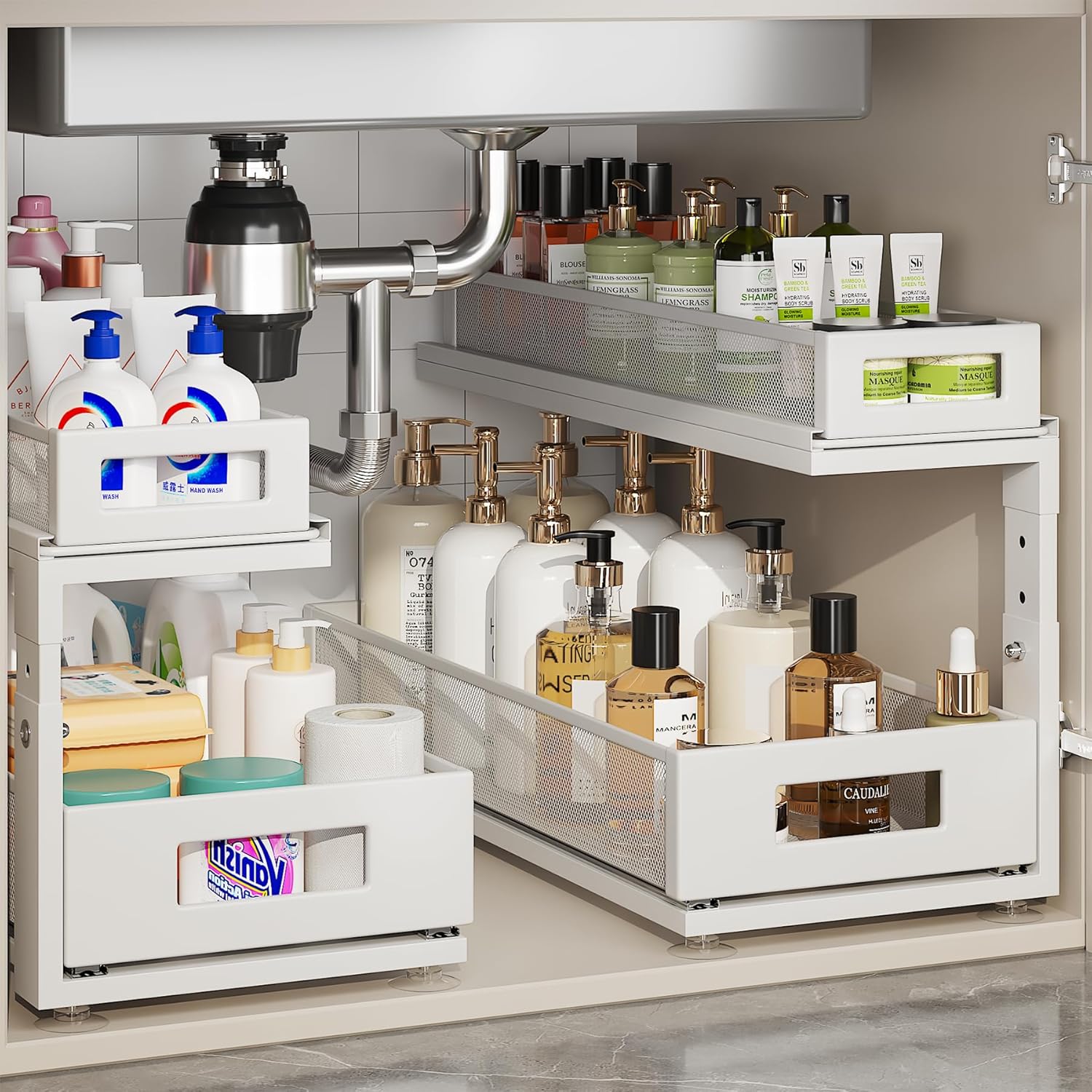 2 Pack 18.5IN-Depth Under Sink Organizer With Next-Gen Ball-Bearing Slides,2-Tier Pull Out Cabinet