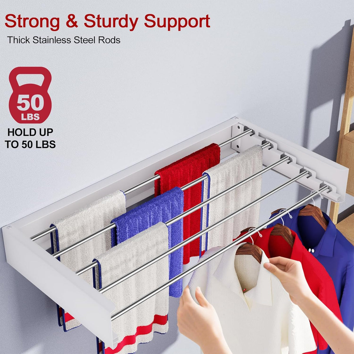 Wall Mounted Drying Rack 31.5", Foldable Laundry Drying Rack with Stainless Steel Rods, Retractable