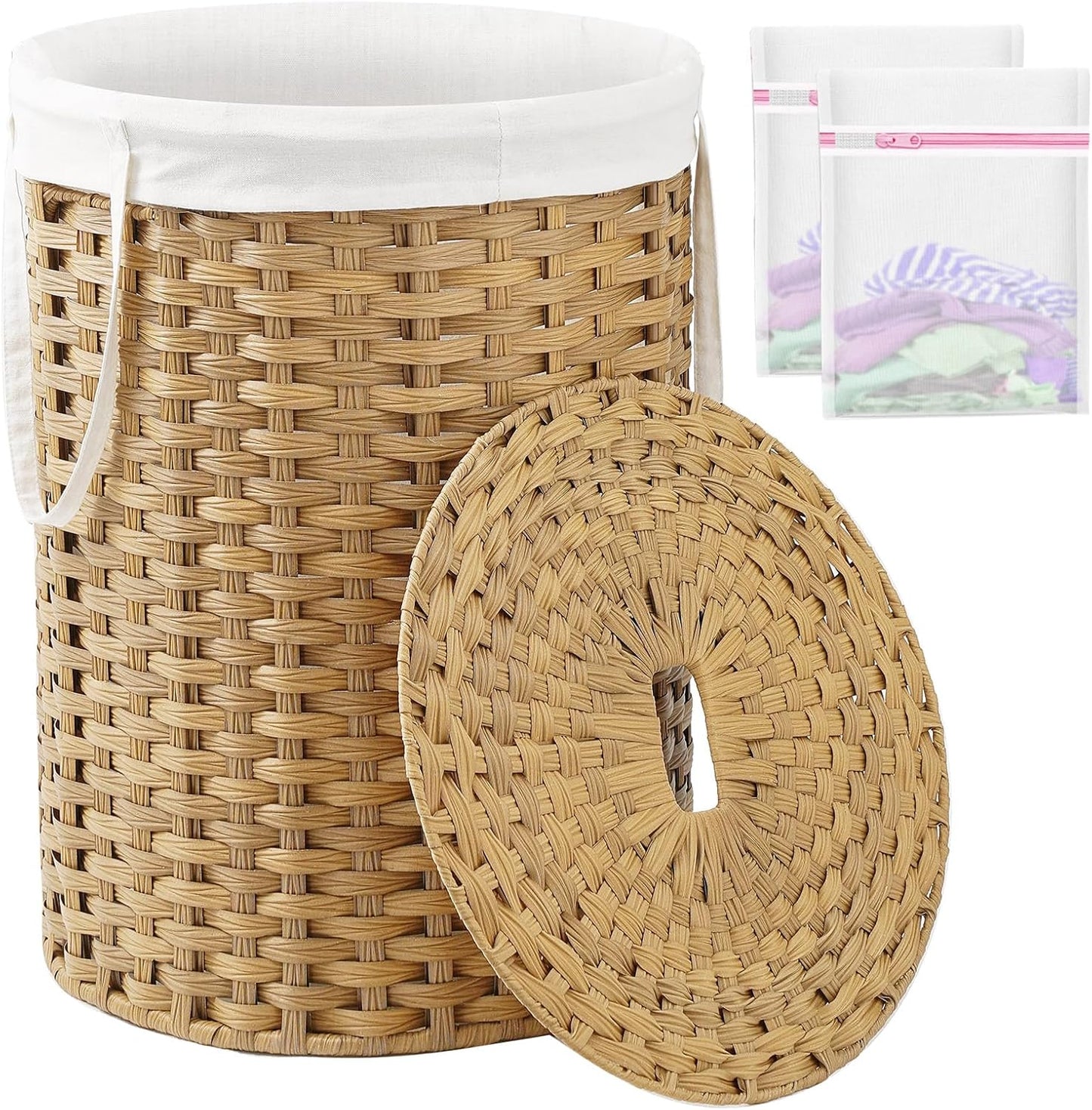 Laundry Basket with Lid Round Rattan Laundry Hamper with Lid and Handles 29.1 Gal (110 L) Handwoven
