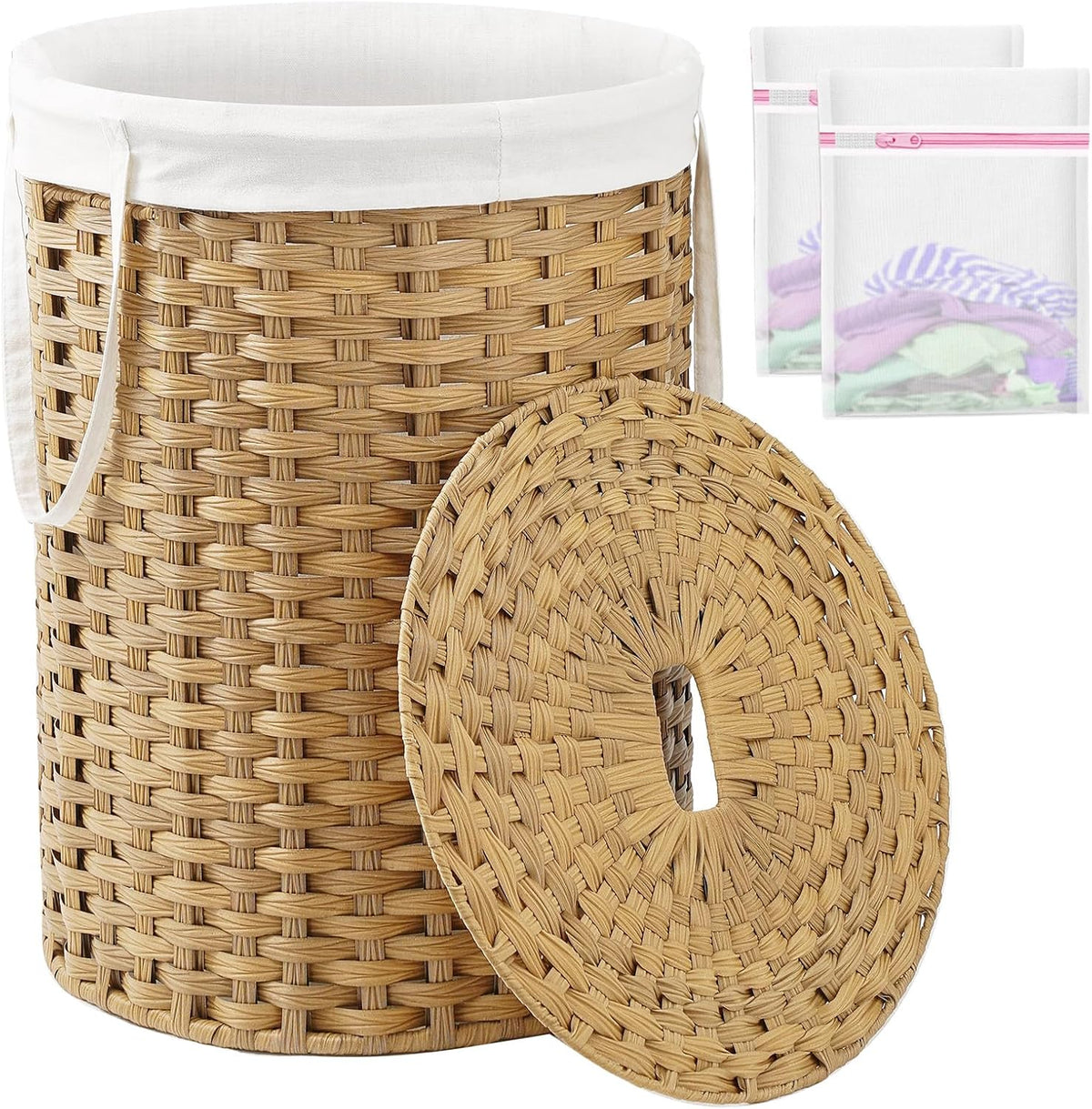 Laundry Basket with Lid Round Rattan Laundry Hamper with Lid and Handles 29.1 Gal (110 L) Handwoven