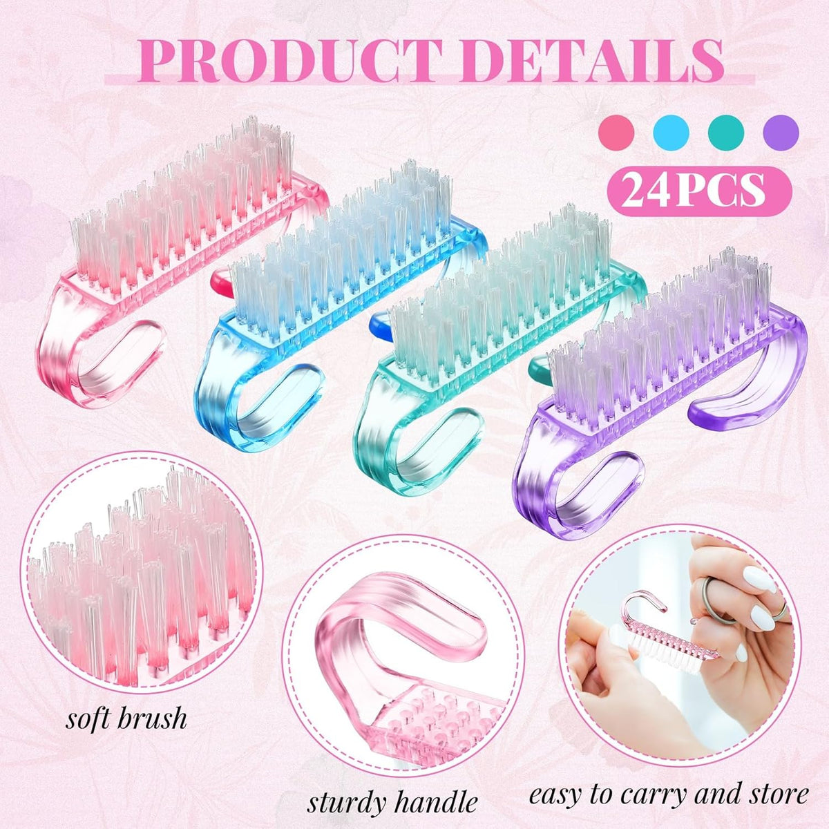 Patelai 48 Pcs Handle Grip Nail Brush Bulk Colorful Nail Scrubber Cleaner Fingernail Brushes Hand
