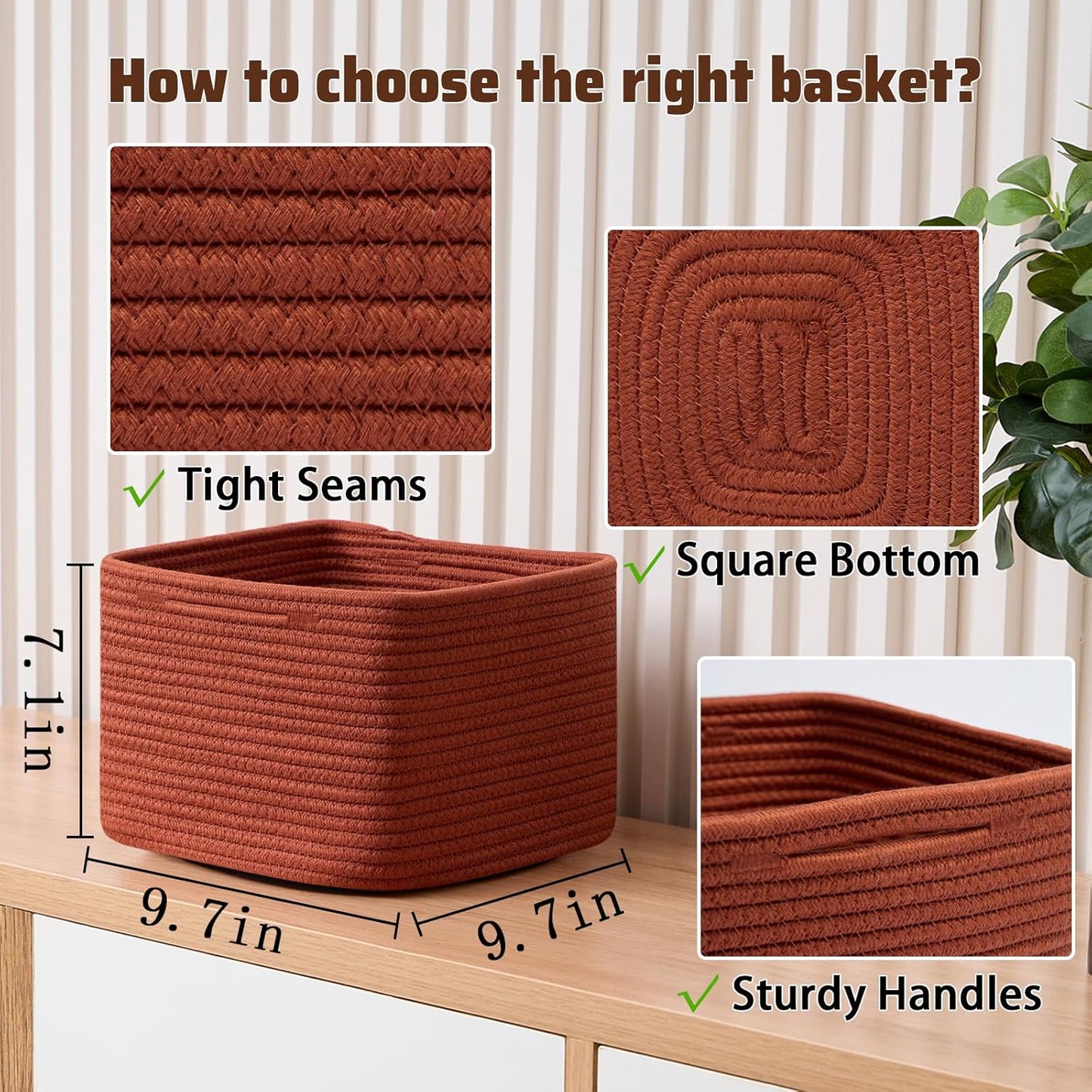 Small Organizing Baskets for Cubes Shelf, 9.7x9.7x7.1 Inch Rope Woven Storage Bins for Nursery