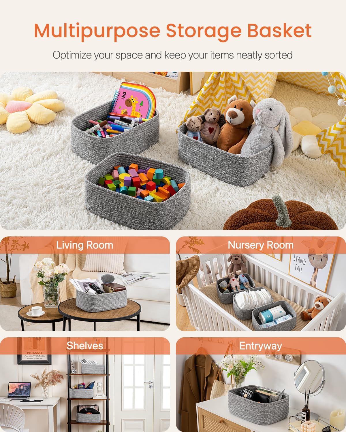 Small Woven Basket, 13.5 x 9.5 x 5 Inches, Storage Basket for Organizing, Cute Small Rope Shelf