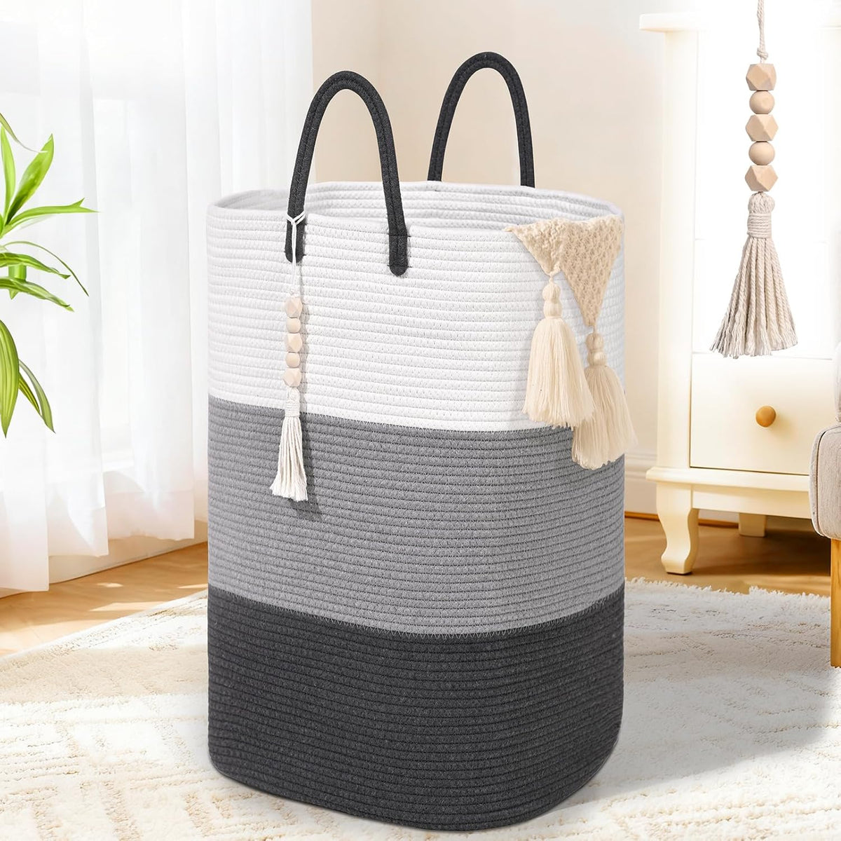 Woven Laundry Basket for Clothes,65 L Large Rectangle Laundry Hampers with Beads Tassel, Nursery