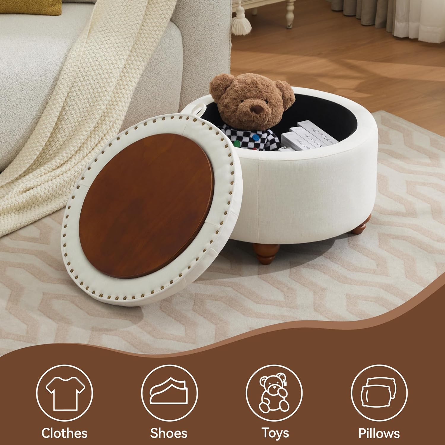 24Inch Round Storage Ottoman with Tray, Modern Tufted Fabric Circle Coffee Table with Storage