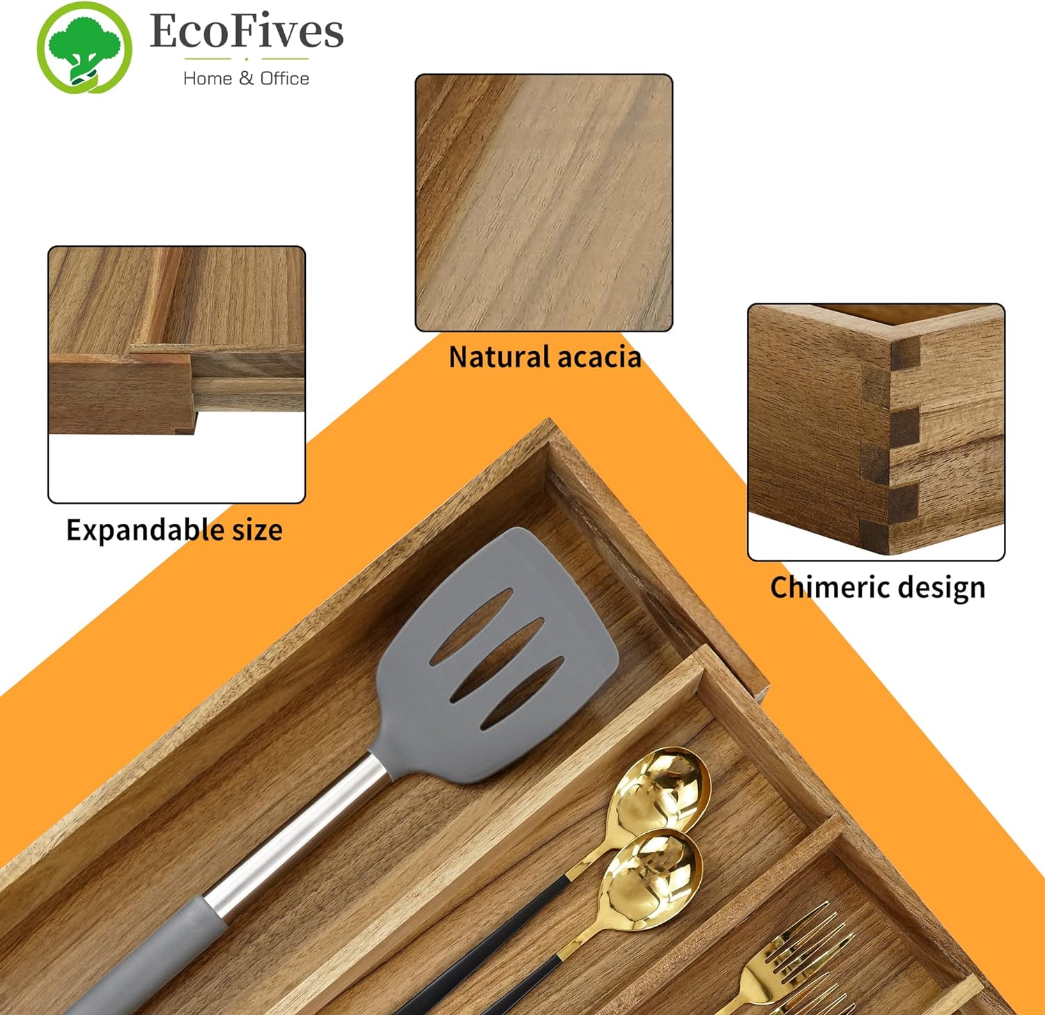 Luxury Acacia Silverware Organizer -Kitchen Drawer Organizer - Utensil Holder and Cutlery Organizer