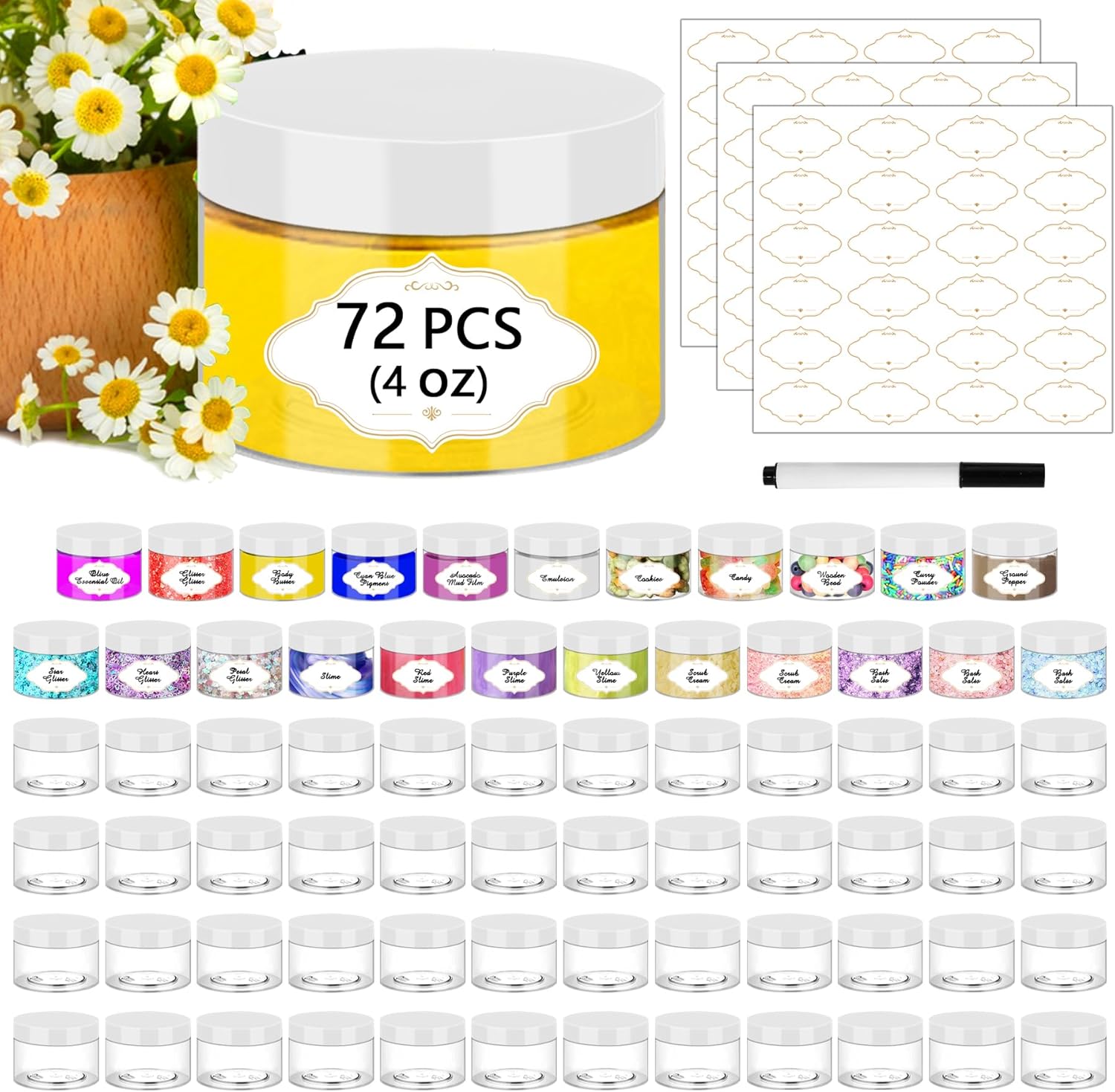 72 Pcs Plastic Jars, 4 OZ Plastic Jars with White Lids Round Clear Storage Containers Jar Leak