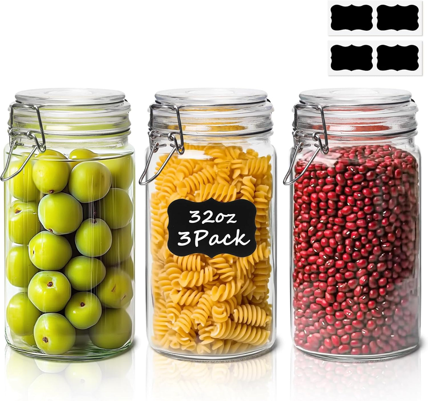 ComSaf Glass Jars with Airtight Lid Set of 3, Mason Jars 32 oz, Pickling Jar, Canning Jar 32oz, 32