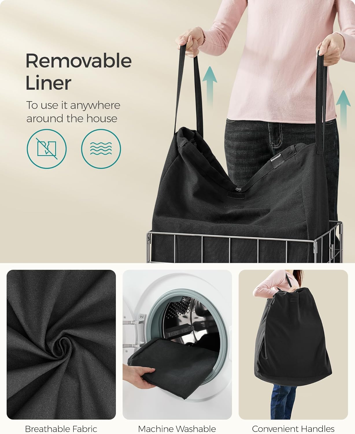 SONGMICS Laundry Hamper, 23.8 Gal. (90L) Laundry Basket, Collapsible Clothes Hamper, Removable and