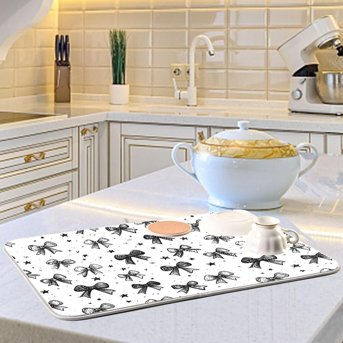 Black White Bowknot Dish Drying Mat for Kitchen Countertop 16x18 Rectangle Bow Small Drying Mat