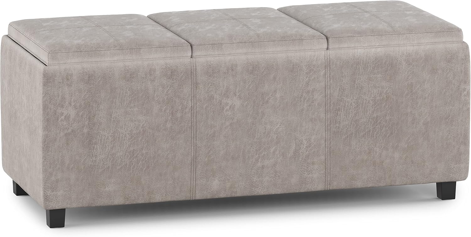 SIMPLIHOME Avalon 42 inch Wide Contemporary Rectangle Storage Ottoman in Distressed Grey Taupe