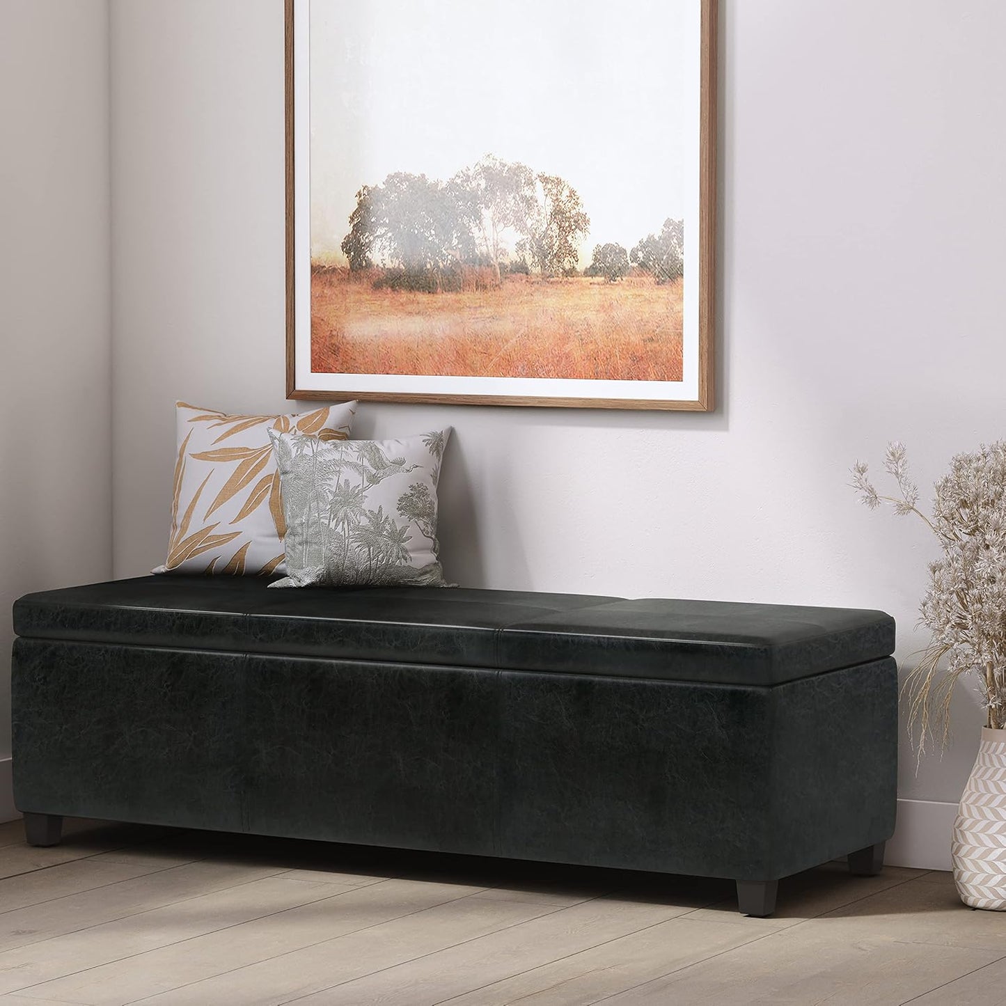 SIMPLIHOME Avalon 54 inch Wide Contemporary Rectangle Extra Large Storage Ottoman Bench in Midnight