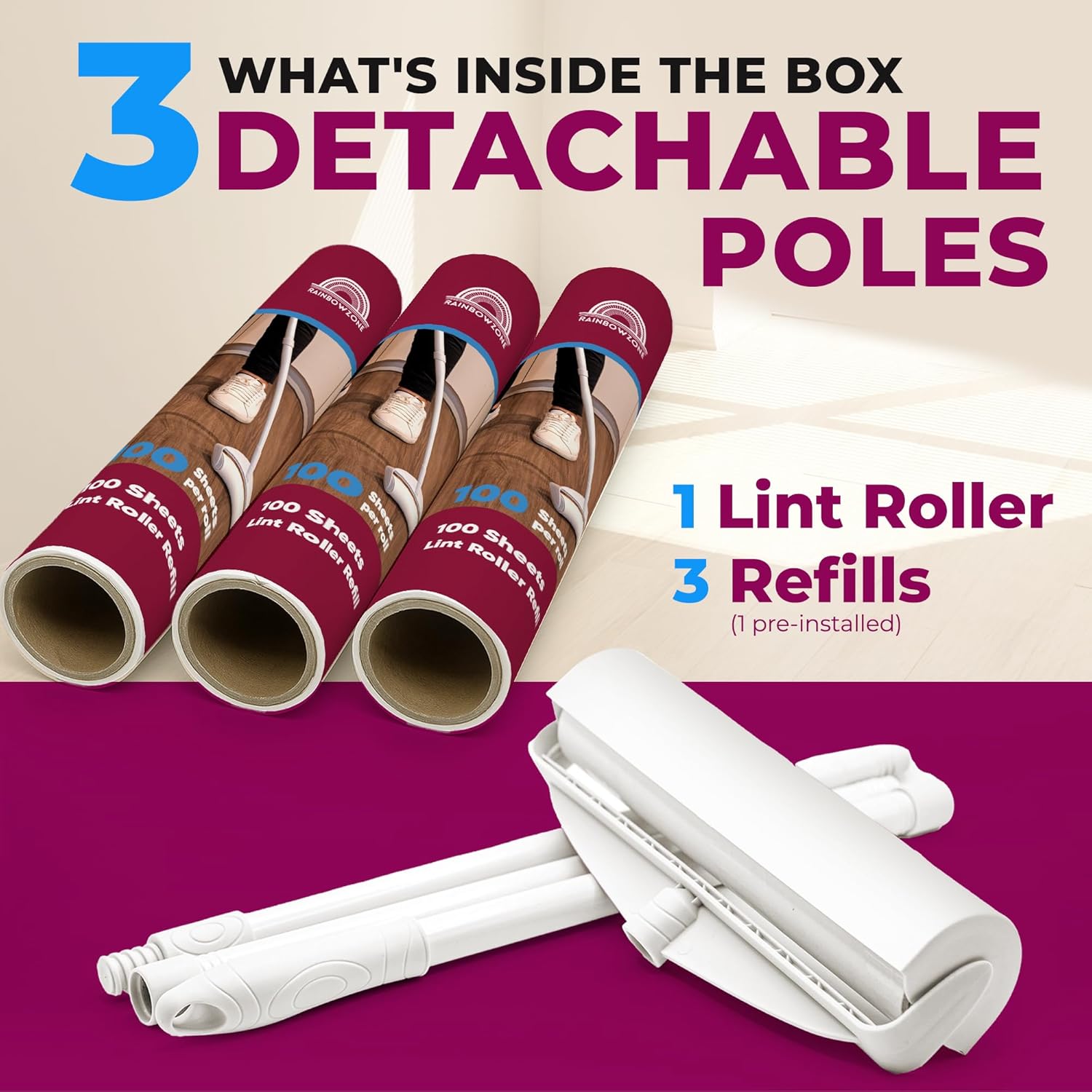 RainbowZone Large Lint Rollers plus 3 Rolls 9.5'' Extra Wide Total 300 sheets Giant Lint Roller