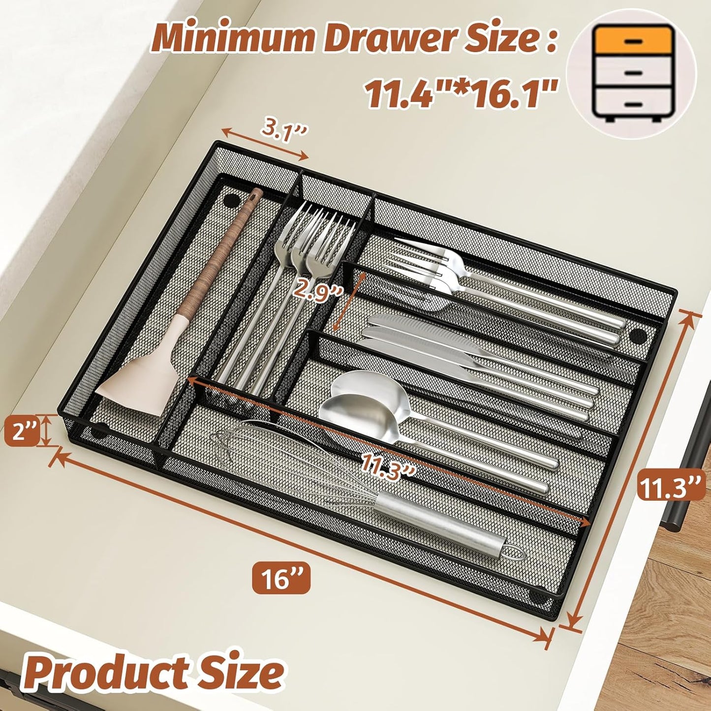 Silverware Organizer Metal Mesh, Large Drawer Organizer, Utensil Cutlery Tray for kitchen drawers