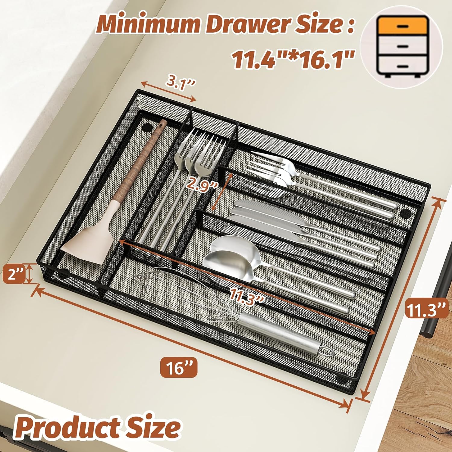 Silverware Organizer Metal Mesh, Large Drawer Organizer, Utensil Cutlery Tray for kitchen drawers
