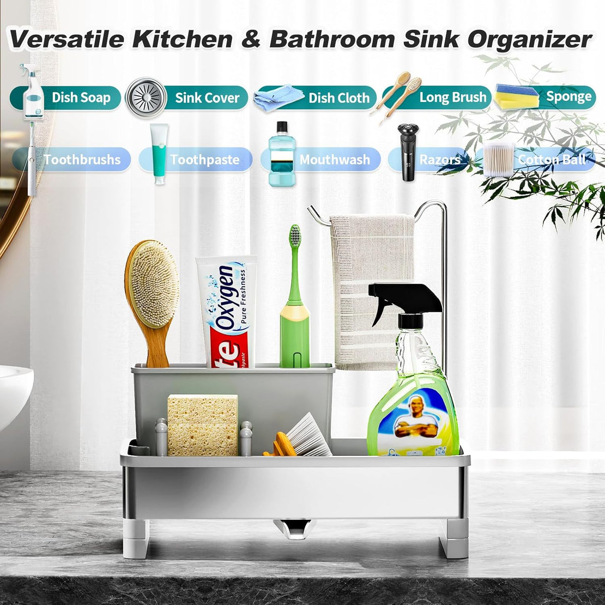 Stainless Steel Sink Caddy, Sponge Holder for Kitchen Sink with Brush Holder & Dishcloth Rack