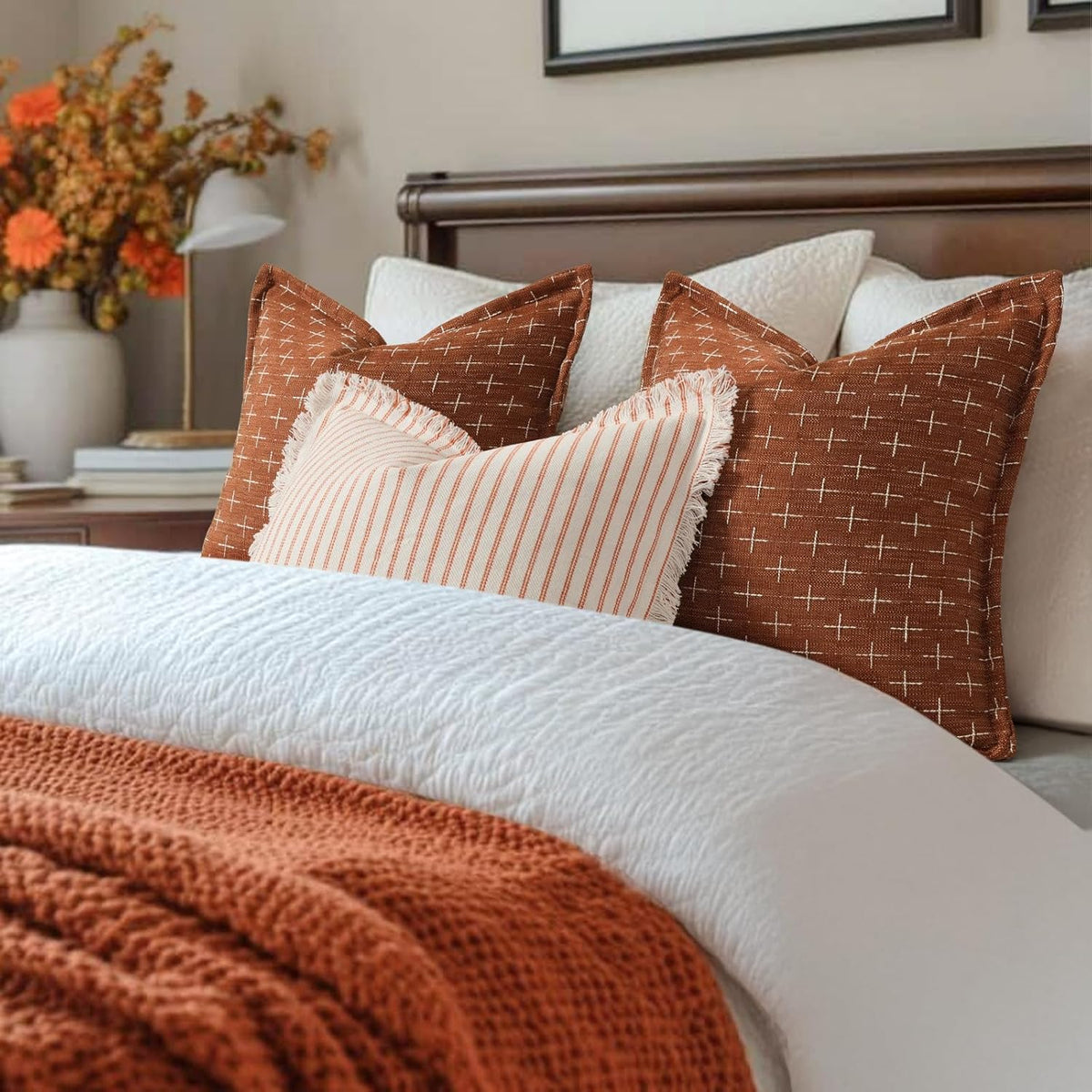 ZWJD Fall Throw Pillow Covers 26x26 Set of 2 Soft Polyester Textured Rust Pillow Covers with